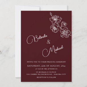Invitación Burgundy Profundo Floral Blanco   Boda Casual