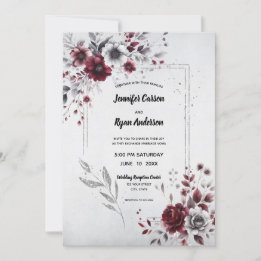 Invitación Burgundy Profundo Gris Plateado Aquarela Floral