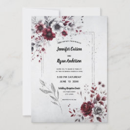Invitación Burgundy Profundo Gris Plateado Aquarela Floral
