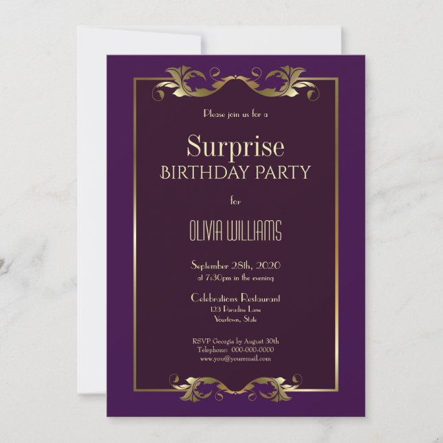 Invitación Burgundy Purple Gold Surprise Fiesta del Cumpleaño (Anverso)