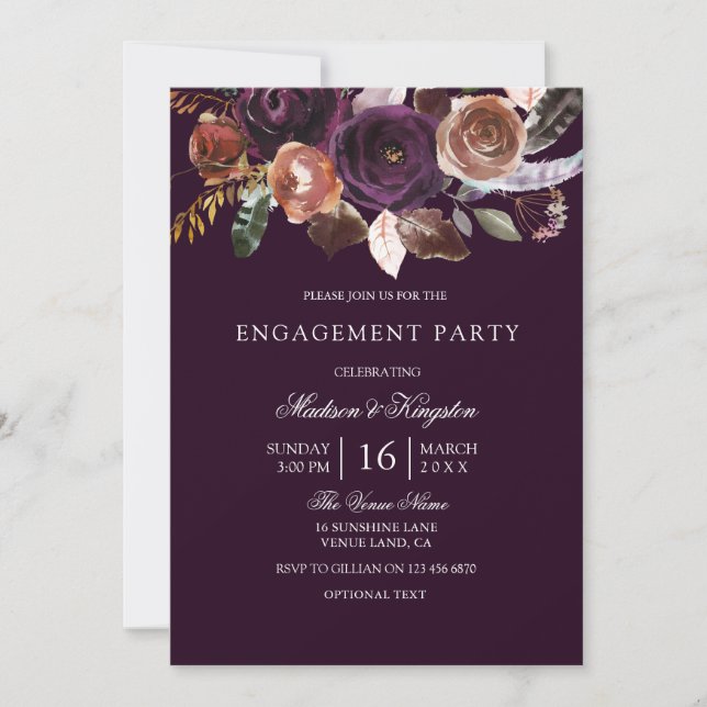Invitación Burgundy Purple Plum Peach Floral Engagement Party (Anverso)