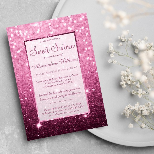 Invitación Burgundy purpurina bokeh Sweet 16 (Girly pink burgundy faux glitter bokeh Sweet 16 Invitation)