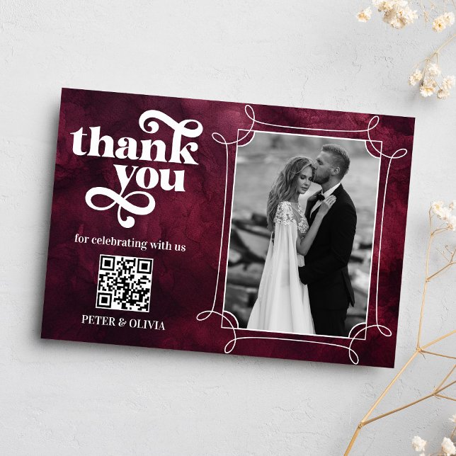 Invitación Burgundy QR Code Bold Typography Thank you Card (Subido por el creador)