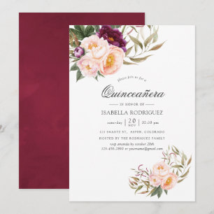 Invitación Burgundy - Quinceañera Floral Marsala y Melocotón