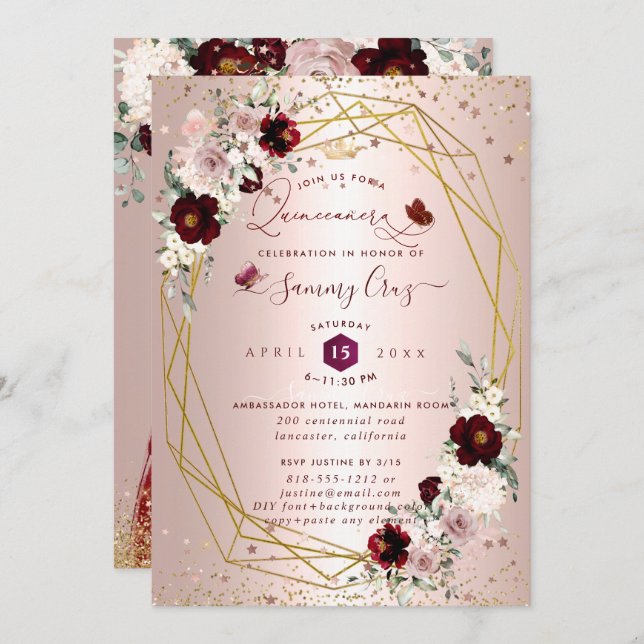 Invitación Burgundy Quinceanera H2 Flores Rosa polvoriento Ru (Anverso / Reverso)