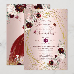 Invitación Burgundy Quinceanera H2 Flores Rosa polvoriento Ru