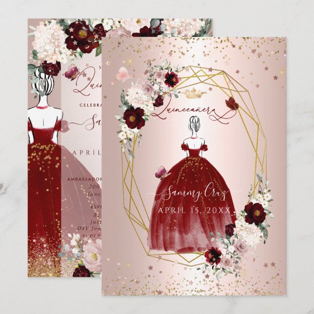 Invitación Burgundy Quinceanera H2 Flores Rosa polvoriento Ru (Anverso / Reverso)