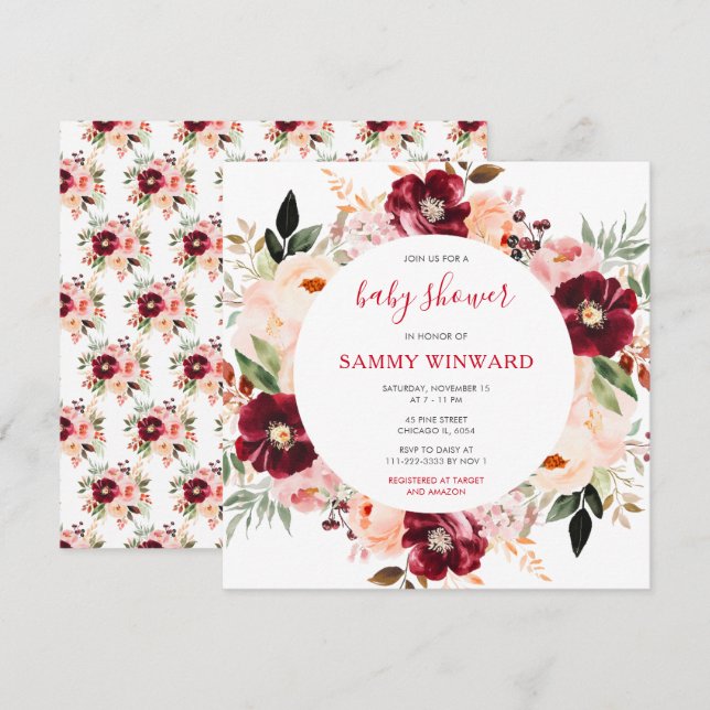 Invitación Burgundy Red and Blush Pink Floral Baby Shower (Anverso / Reverso)