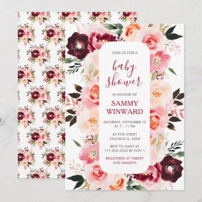 Invitación Burgundy Red and Blush Pink Floral Baby Shower (Anverso / Reverso)