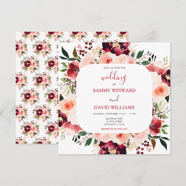 Invitación Burgundy Red and Blush Pink Floral Wedding (Anverso / Reverso)