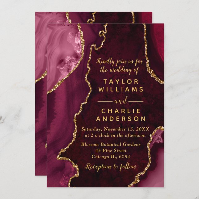 Invitación Burgundy Red and Gold Agate Marble Wedding (Anverso / Reverso)