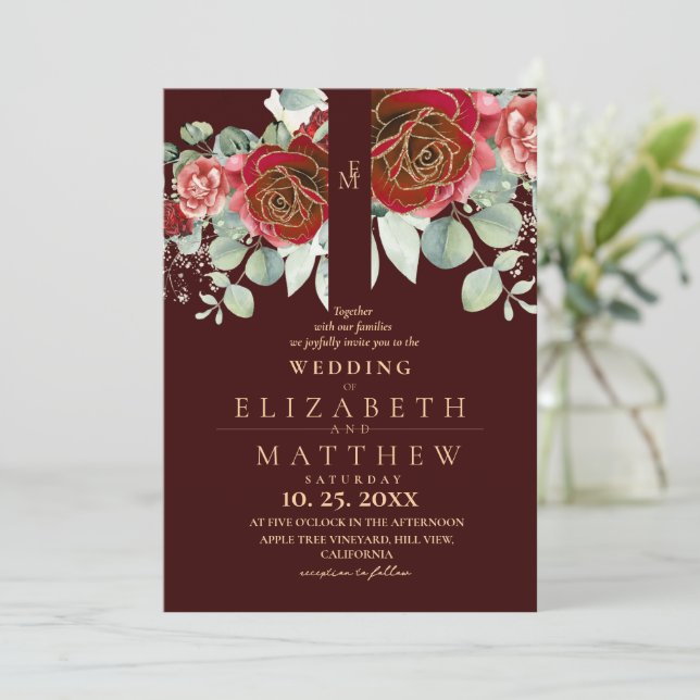 Invitación Burgundy Red and Gold Floral Modern Boho Wedding (Anverso de pie)