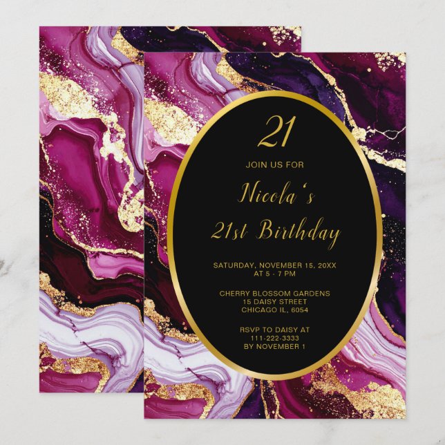 Invitación Burgundy Red and Gold Marble Agate Birthday Party (Anverso / Reverso)