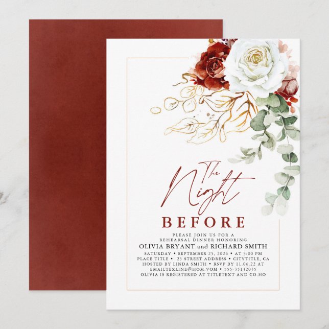 Invitación Burgundy Red and White Floral Rehearsal Dinner (Anverso / Reverso)