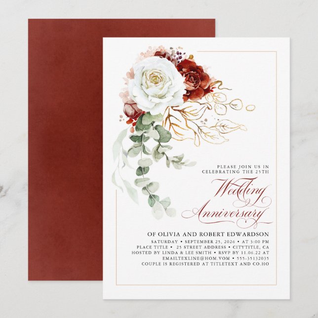 Invitación Burgundy Red and White Floral Wedding Anniversary (Anverso / Reverso)