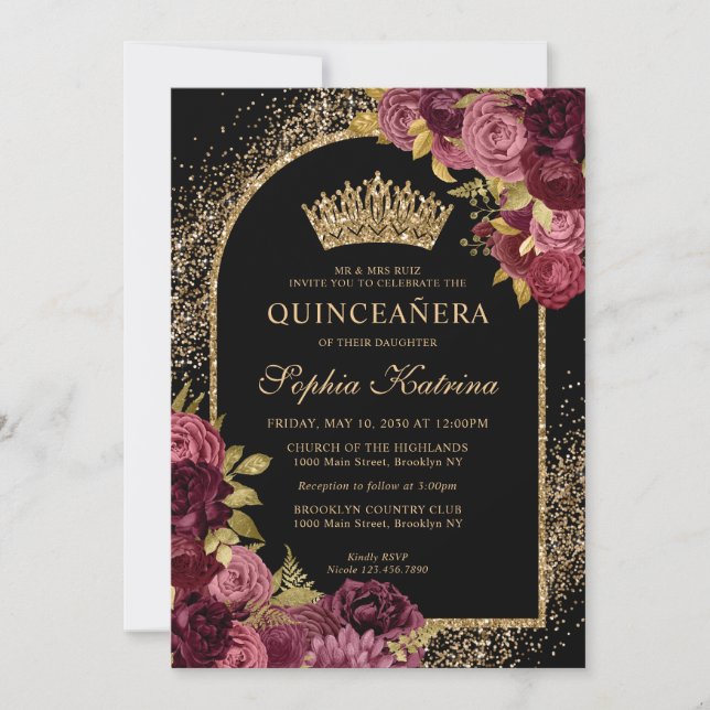 Invitación Burgundy Red Black Gold Floral Foto Quinceanera (Anverso)
