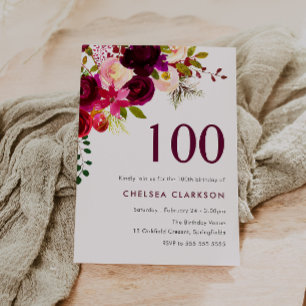 Invitación Burgundy Red Boho Floral 100 cumpleaños