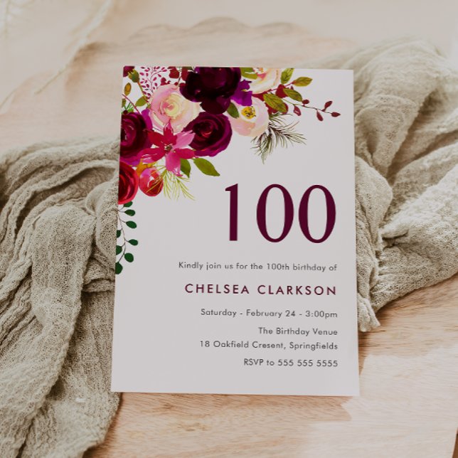 Invitación Burgundy Red Boho Floral 100 cumpleaños (Subido por el creador)