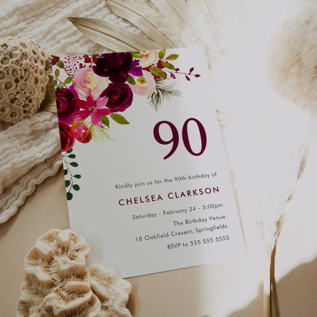 Invitación Burgundy Red Boho Floral 90 cumpleaños (Subido por el creador)