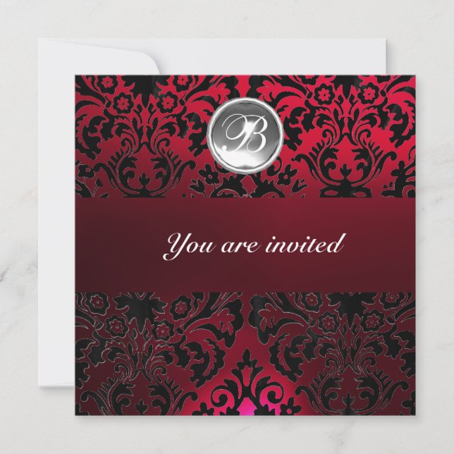 Invitación BURGUNDY RED DAMASK GEM STONE MONOGRAM hielo blanc (Anverso)