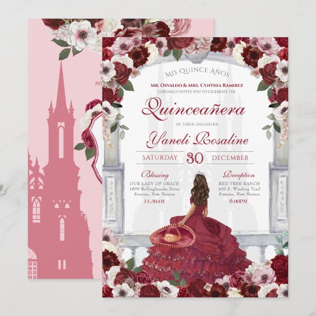 Invitación Burgundy Red Elegant Charro Princess Quinceanera (Anverso / Reverso)