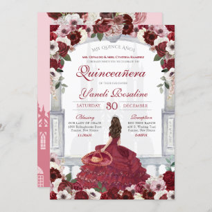 Invitación Burgundy Red Elegant Charro Princess Quinceanera