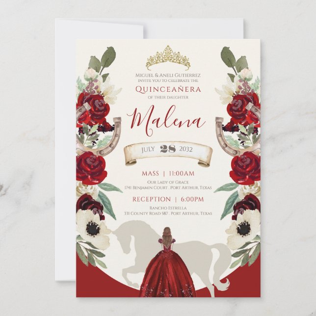 Invitación Burgundy Red Elegant Watercolor Charro Quinceañera (Anverso)