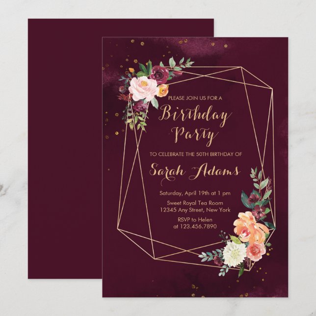 Invitación Burgundy Red Floral acuarela 50 cumpleaños (Anverso / Reverso)