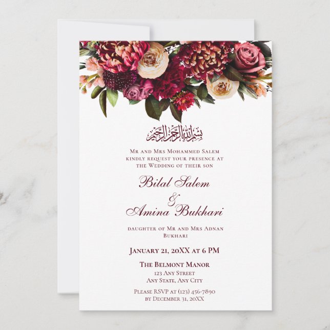 Invitación Burgundy Red Floral Bouquet Boda Islámico (Anverso)
