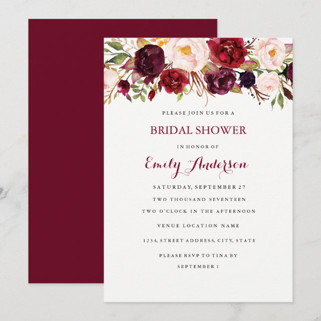 Invitación Burgundy Red Floral Fall Bridal Shower Card (Anverso / Reverso)