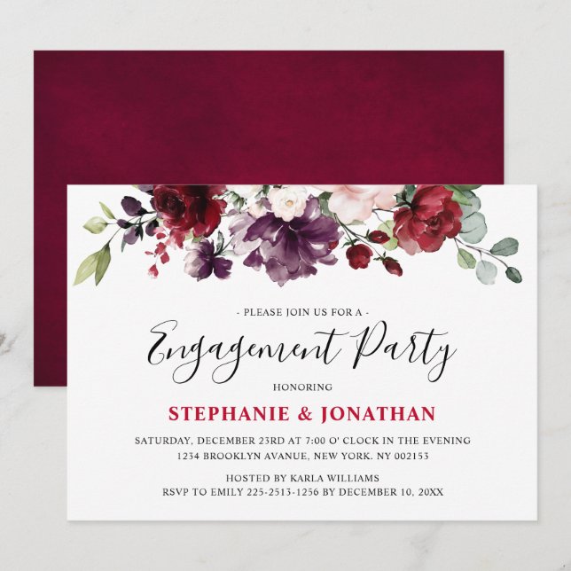 Invitación Burgundy Red Floral Rustic Boho Engagement (Anverso / Reverso)