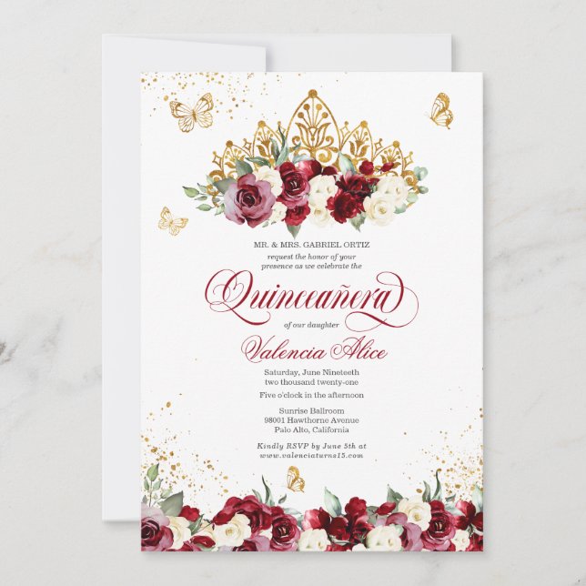 Invitación Burgundy Red Floral Tiara Butterfly Quinceanera (Anverso)