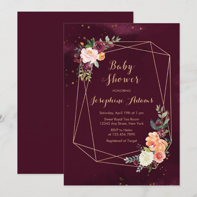 Invitación Burgundy Red Floral Watercolor Baby Shower (Anverso / Reverso)
