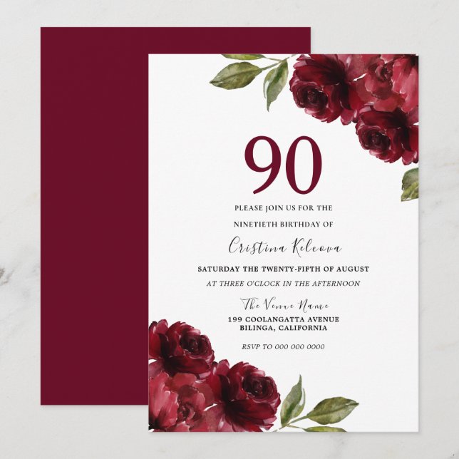 Invitación Burgundy Red Floral Womans 90th Birthday Party (Anverso / Reverso)