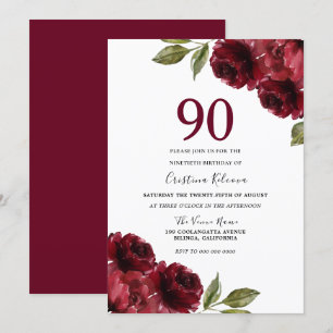 Invitación Burgundy Red Floral Womans 90th Birthday Party