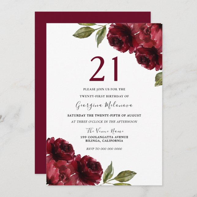Invitación Burgundy Red Flowers 21st Birthday Fiesta (Anverso / Reverso)