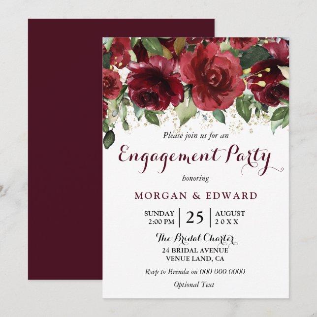 Invitación Burgundy Red Flowers Gold Purpurina Engagement Par (Anverso / Reverso)