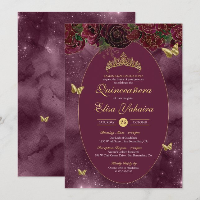 Invitación Burgundy Red Gold Butterfly de lujo Quinceanera (Anverso / Reverso)
