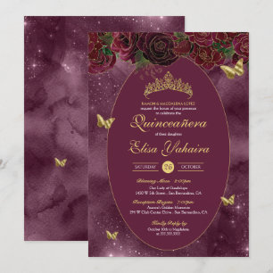 Invitación Burgundy Red Gold Butterfly de lujo Quinceanera