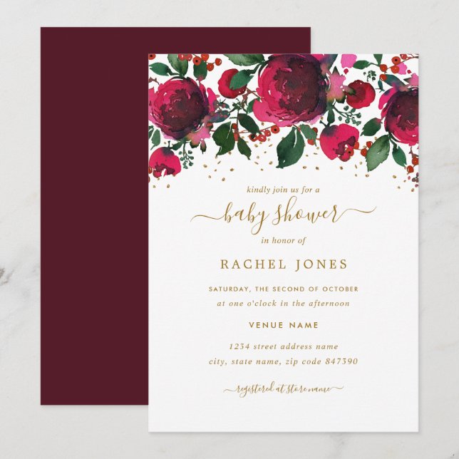 Invitación Burgundy Red Gold Floral Baby Shower (Anverso / Reverso)