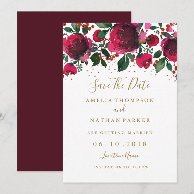 Invitación Burgundy Red Gold Floral Salva La Fecha (Anverso / Reverso)