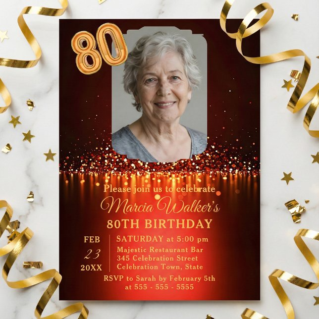 Invitación Burgundy Red & Gold Glitter Photo 80th Birthday (Subido por el creador)