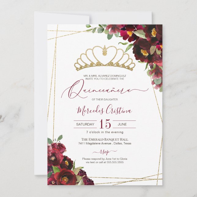 Invitación Burgundy Red Gold Watercolor Floral Quinceañera (Anverso)