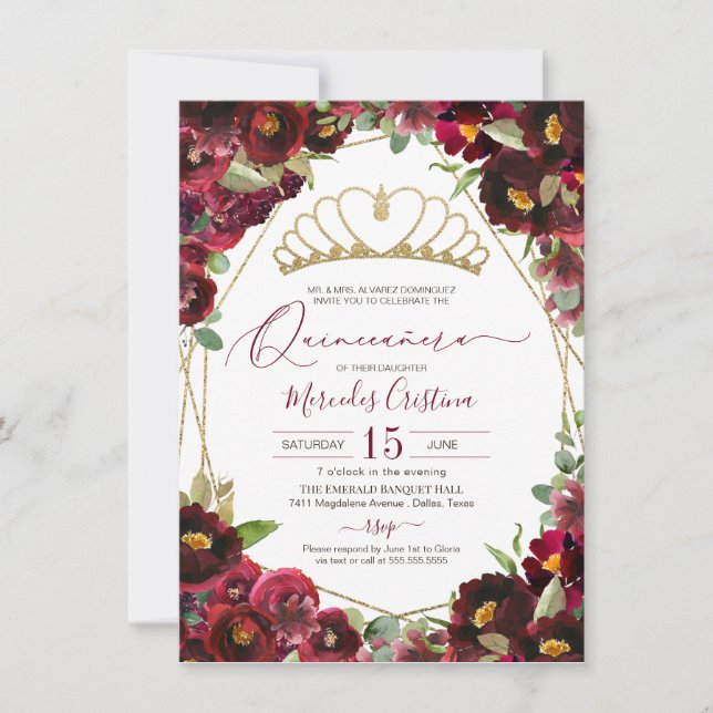 Invitación Burgundy Red Gold Watercolor Floral Quinceañera In (Anverso)