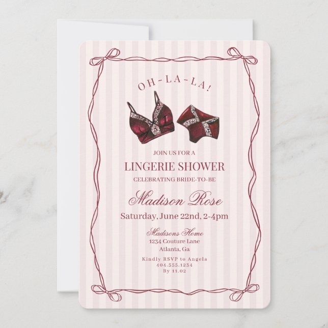 Invitación Burgundy Red Lingerie Shower Bridal Lace  (Anverso)
