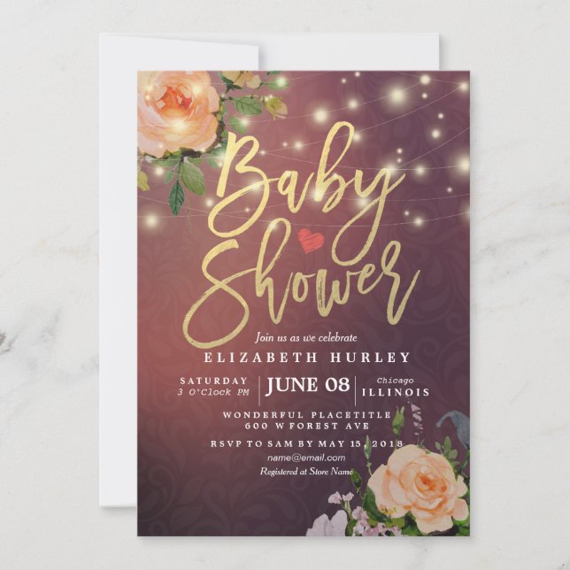 Invitación Burgundy Red Moda Floral String Lights Baby Shower (Anverso)