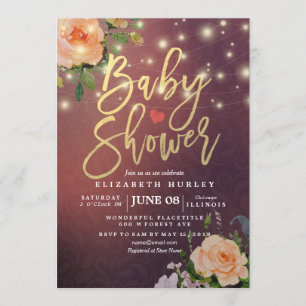 Invitación Burgundy Red Moda Floral String Lights Baby Shower