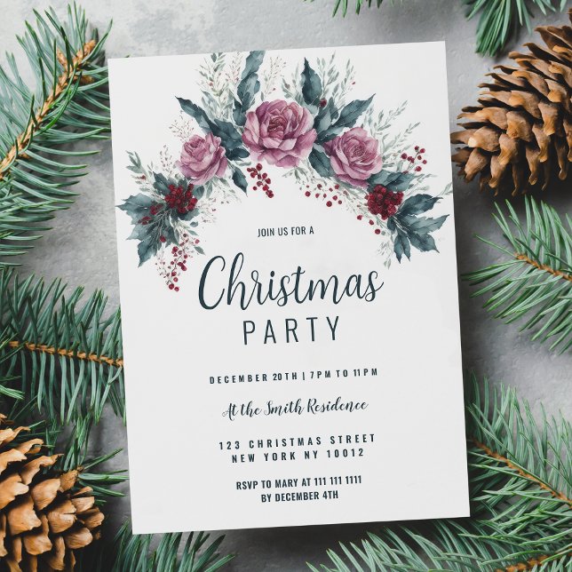 Invitación Burgundy red pink dirty blue Christmas floral (Burgundy red pink dirty blue Christmas floral )