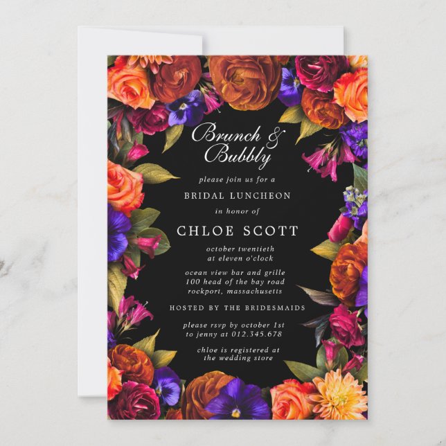 Invitación Burgundy Red Purple Naranja Floral Brunch Bubbly (Anverso)