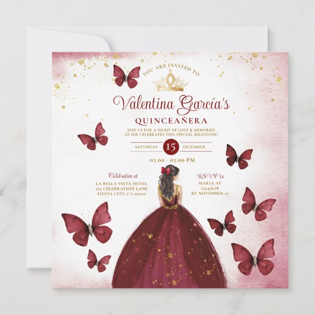 Invitación Burgundy Red Quinceañera 15 Anos Butterfly Gold (Anverso)